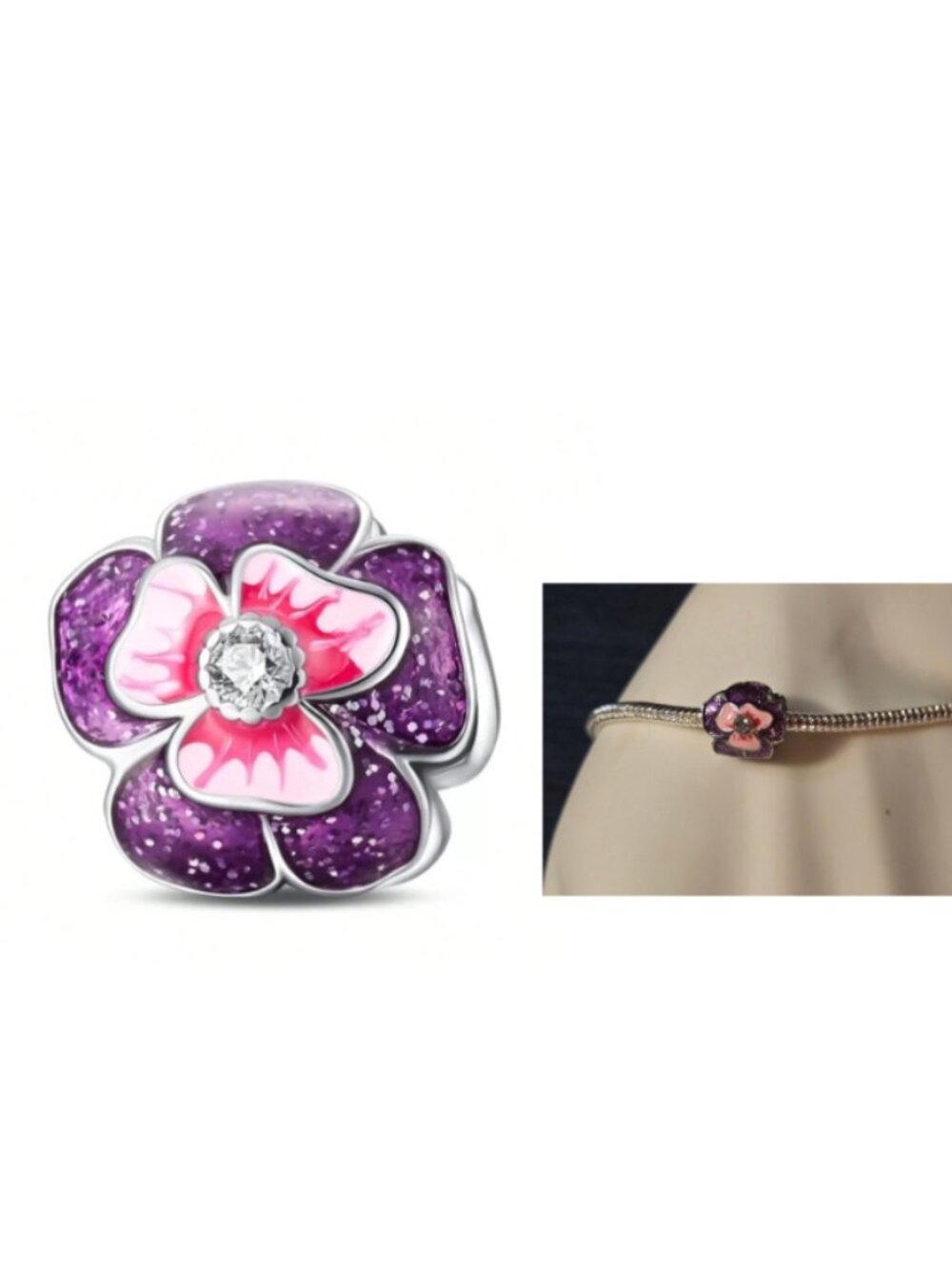 NWOT Purple Ping Pansy Flower Charme for Pandora type bracelet or chain